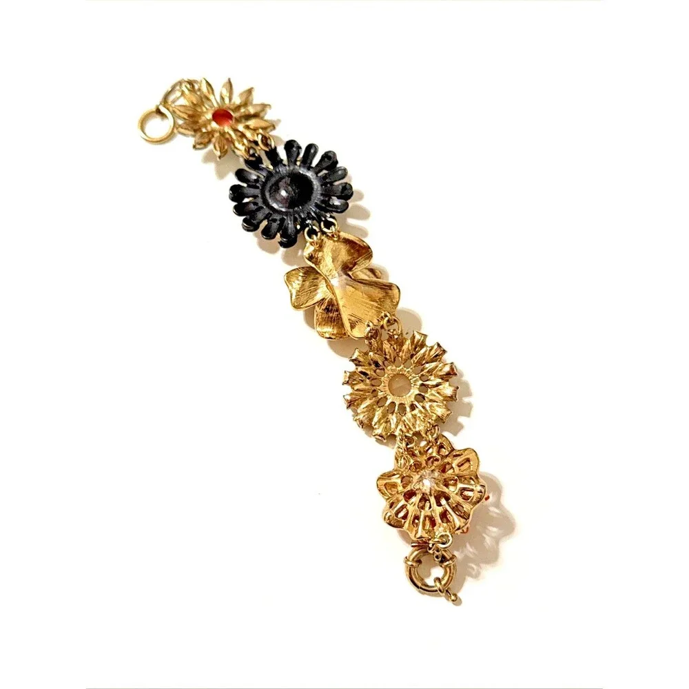 Banana Republic Flower Bouquet Bracelet Gold Tone Floral Statement Link 8